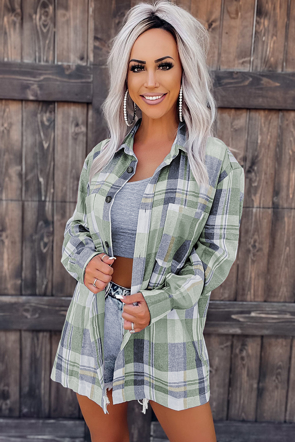 Cali Chic Green Plaid Button Up Patch Pocket Shirt