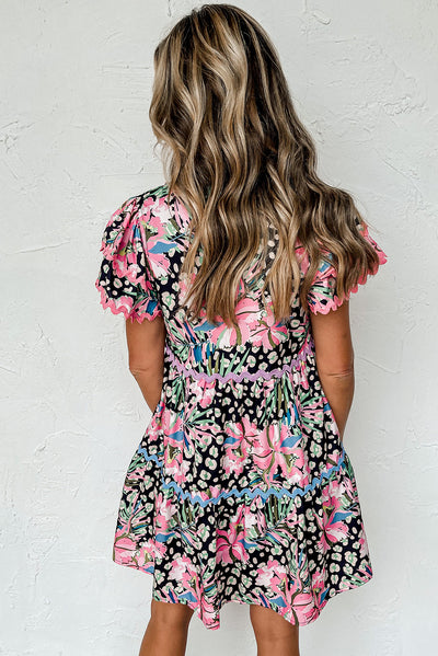 Pink Leopard Floral Ricrac Embellished Tiered Mini Dress