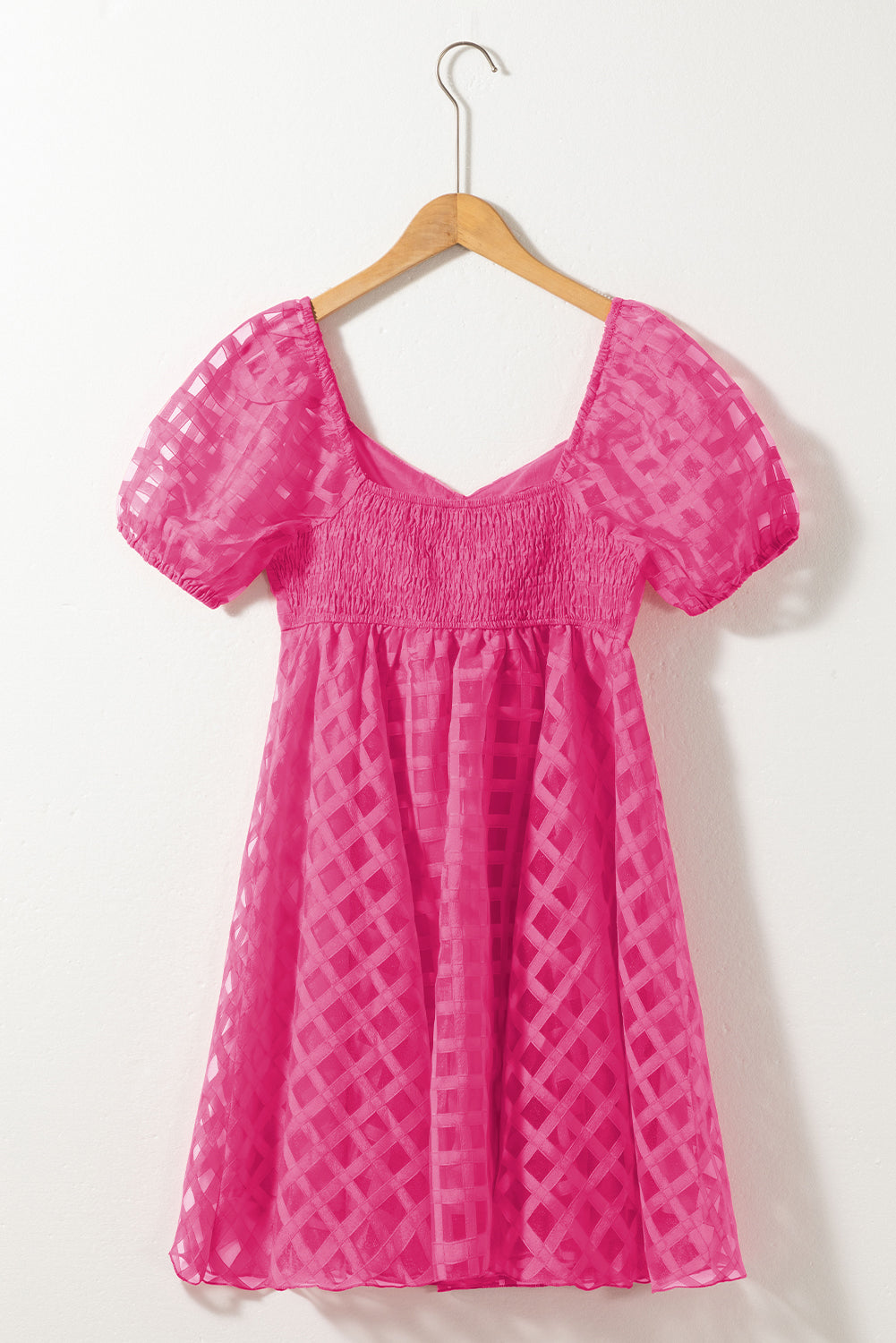 Strawberry Pink Checkered Puff Sleeve Babydoll Dress