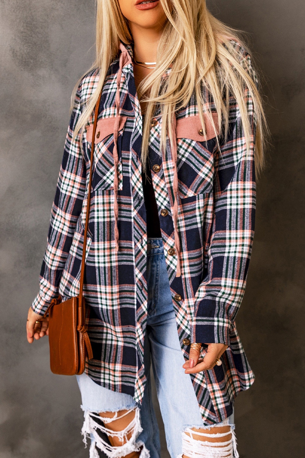 Cali Chic Women Pink Contrast Hooded Drawstring Plaid Shacket Jacket