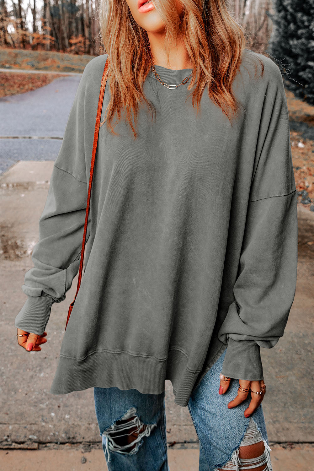 Cali Chic Women Grey Drop Shoulder Ribbed Trim Oversized Sweatshirt