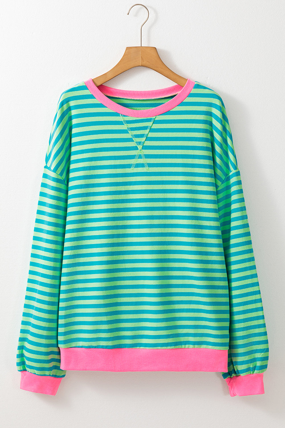 Cali Chic Women Sweatshirt Sky Blue Stripe Oversized Contrast Trim Knit Round Neck Pullover