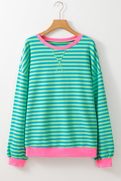 Cali Chic Women Sweatshirt Sky Blue Stripe Oversized Contrast Trim Knit Round Neck Pullover