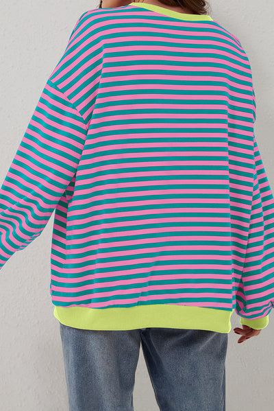 Cali Chic Women Sweatshirt Green Stripe Oversized Contrast Trim Knit Round Neck Pullover