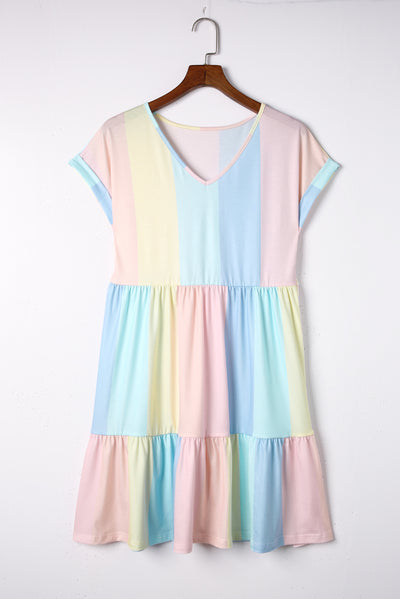 Multicolor Striped Color Block Tiered Mini Dress