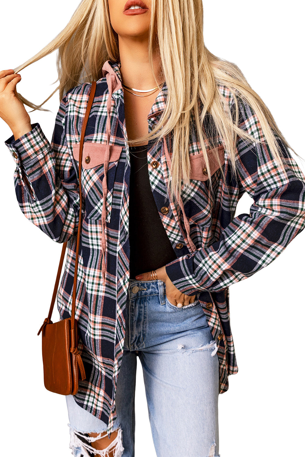 Cali Chic Women Pink Contrast Hooded Drawstring Plaid Shacket Jacket