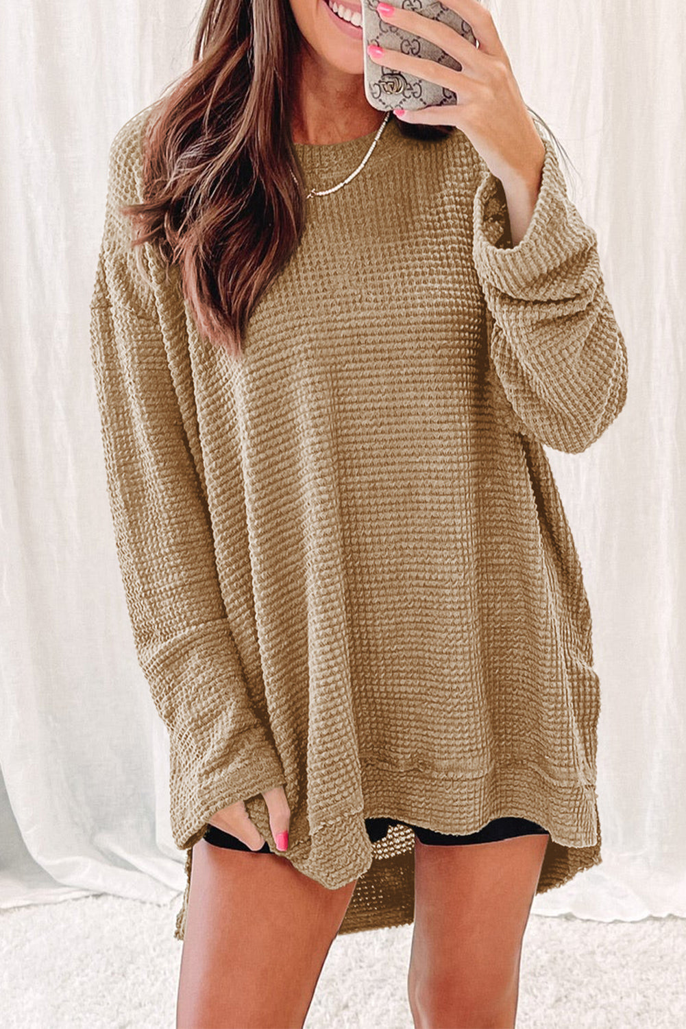 Cali Chic Women Khaki Waffle Knit High Slits Oversized Tops