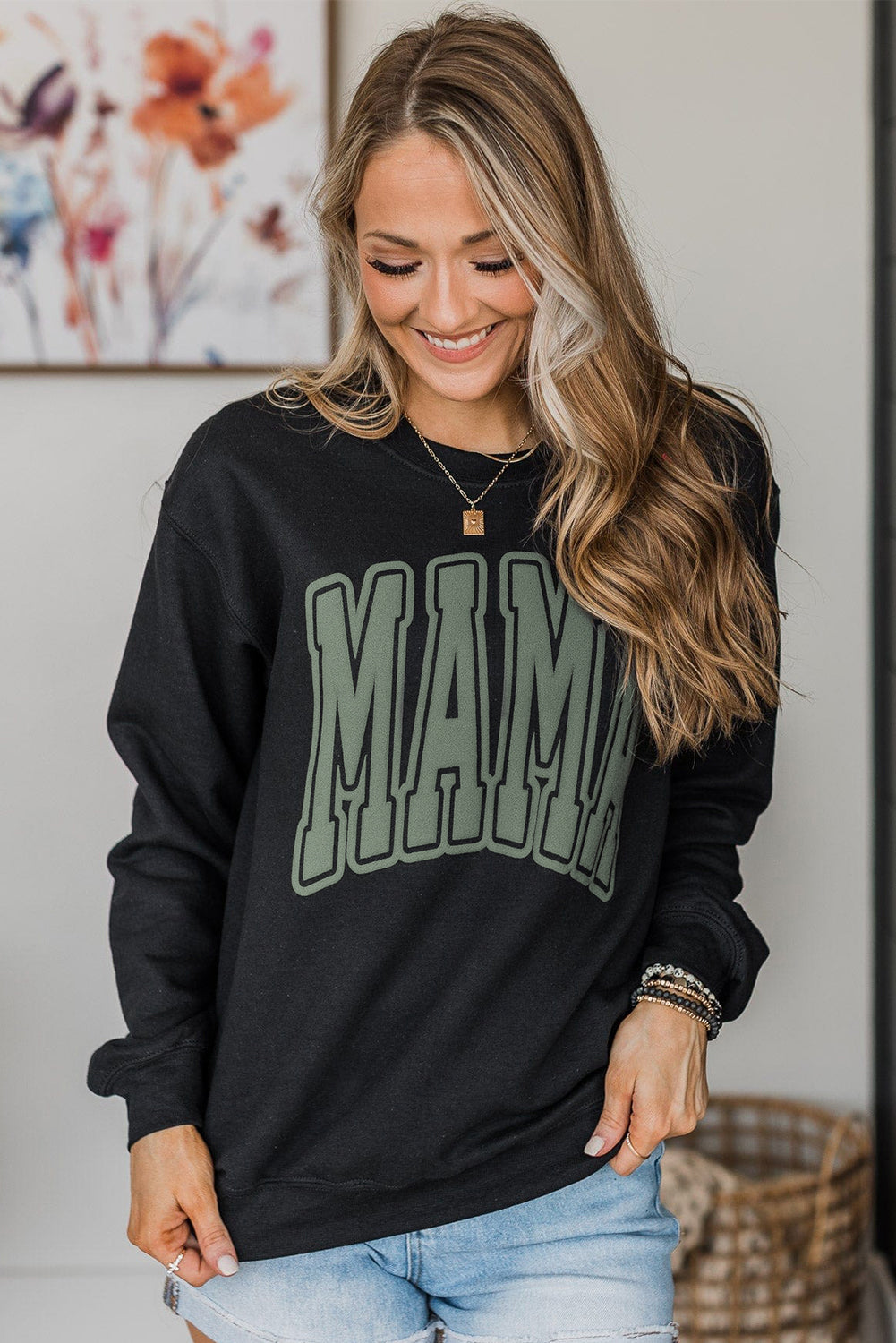 Cali Chic Black Mama Varsity Crew Neck Sweatshirt