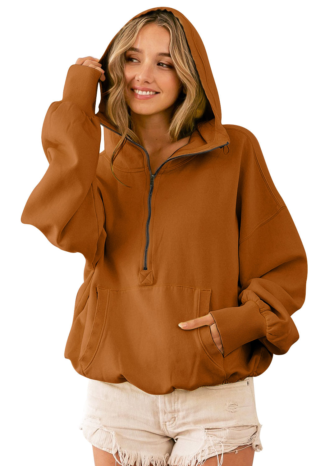 Brown Ribbed Trim Kangaroo Pocket Zipped Hoodie