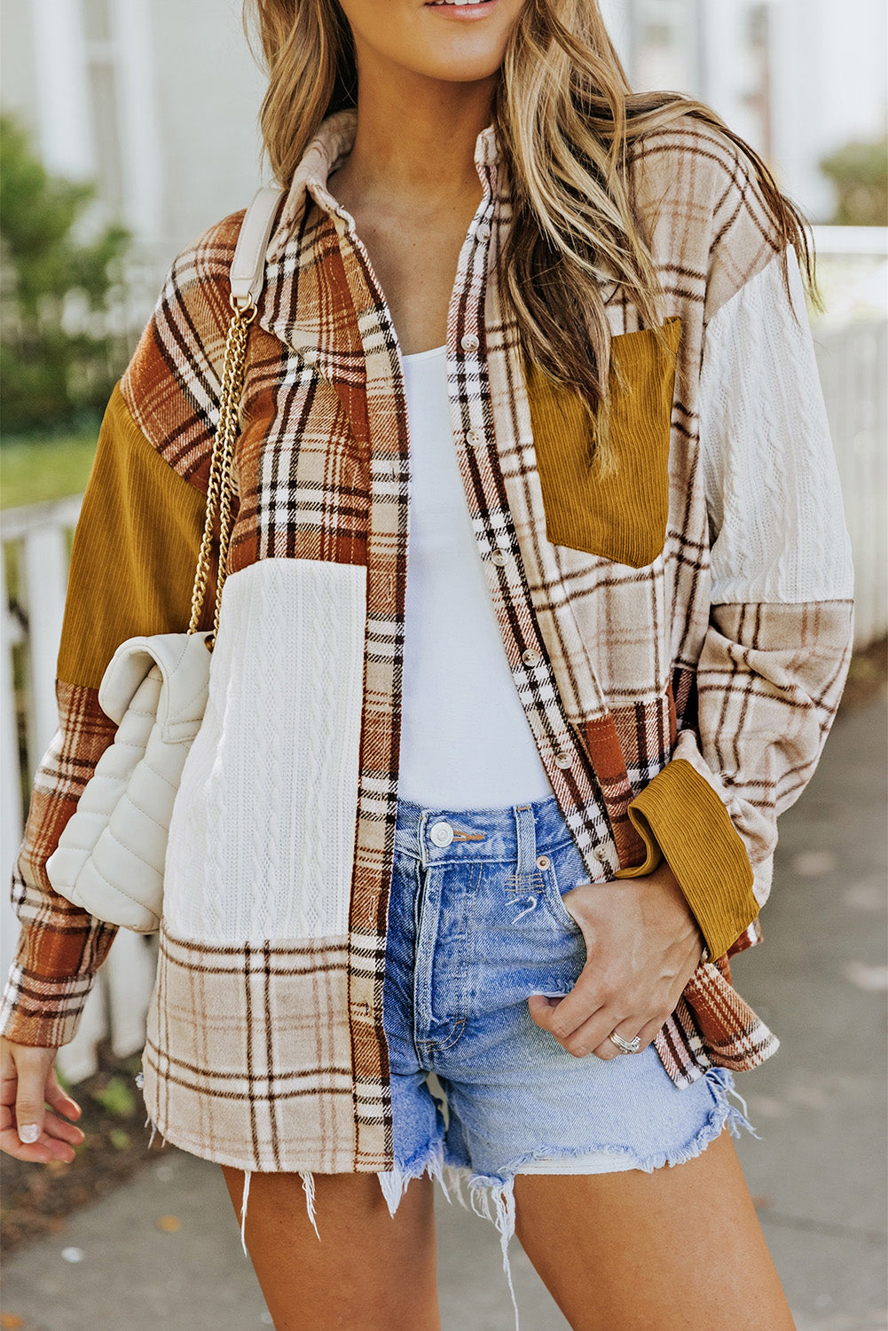 Cali Chic Orange Plaid Color Block Patchwork Shirt Jacket with Pocket