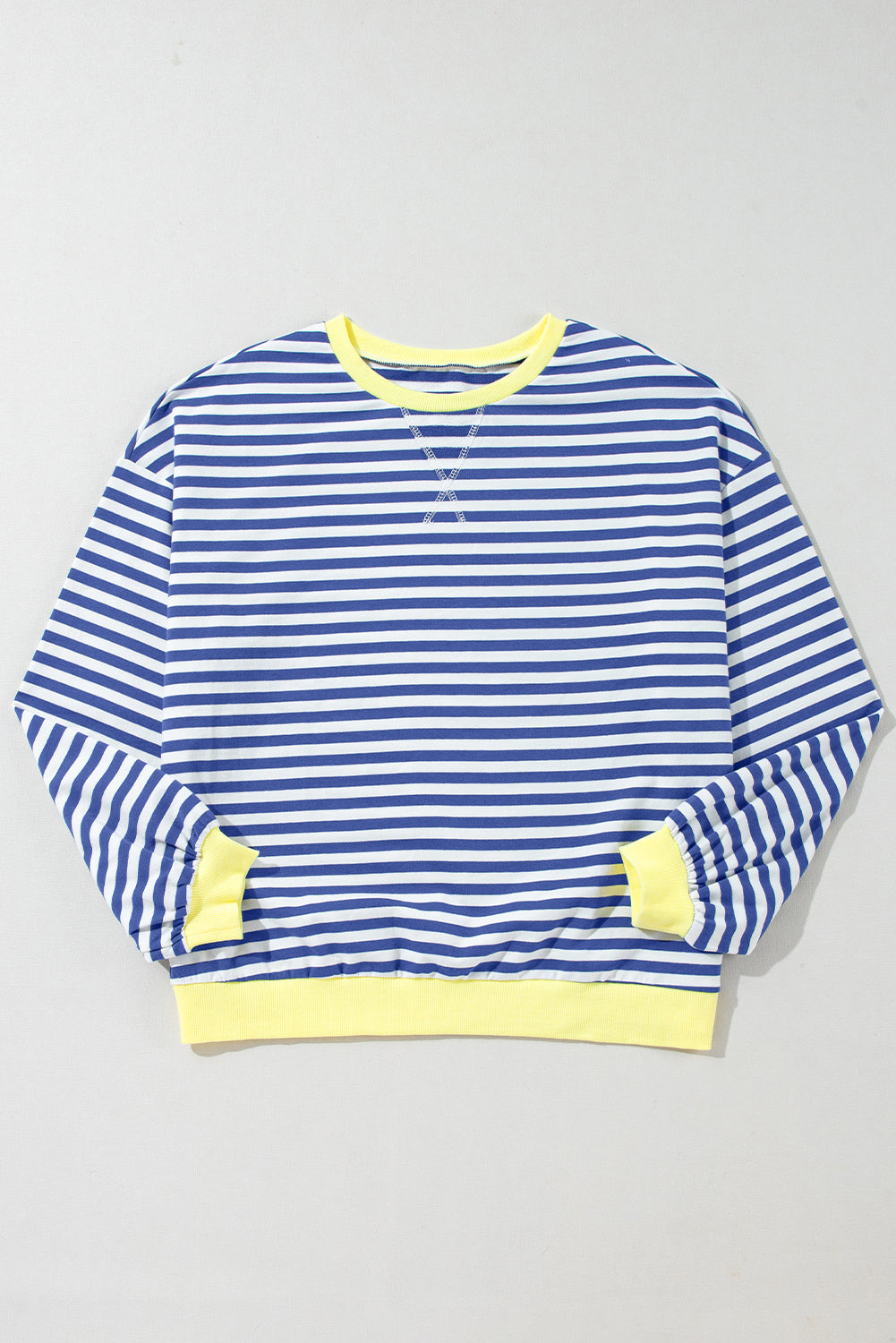 Cali Chic Women Sweatshirt Blue Stripe Oversized Contrast Trim Knit Round Neck Pullover