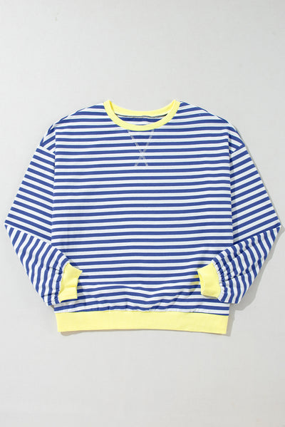 Cali Chic Women Sweatshirt Blue Stripe Oversized Contrast Trim Knit Round Neck Pullover