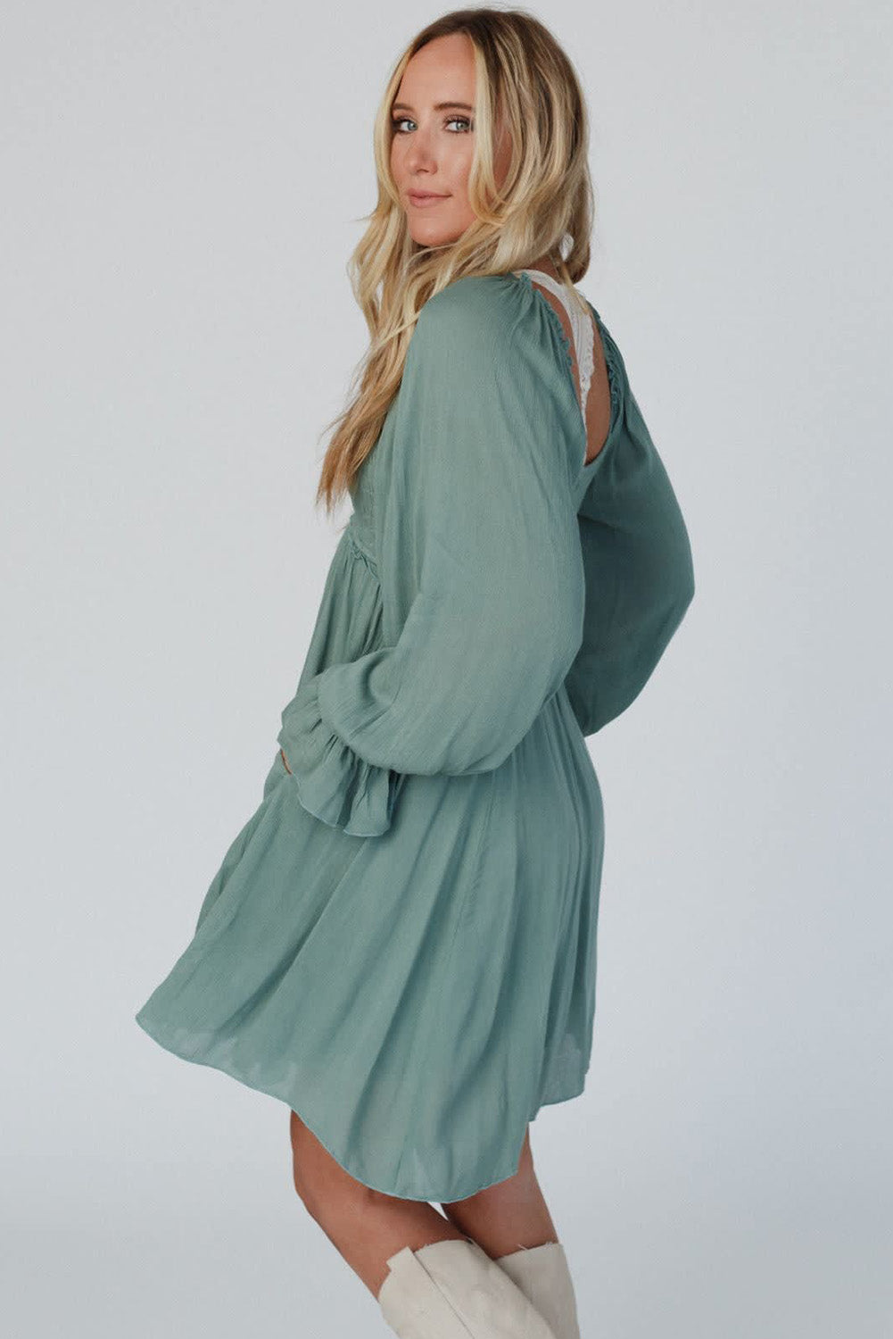 Mist Green Smocked Ruffled Bubble Sleeve Flowy Short Dress