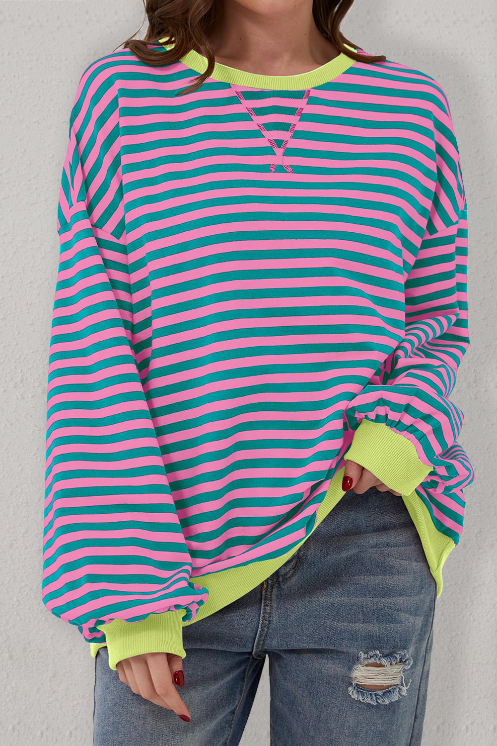 Cali Chic Women Sweatshirt Green Stripe Oversized Contrast Trim Knit Round Neck Pullover