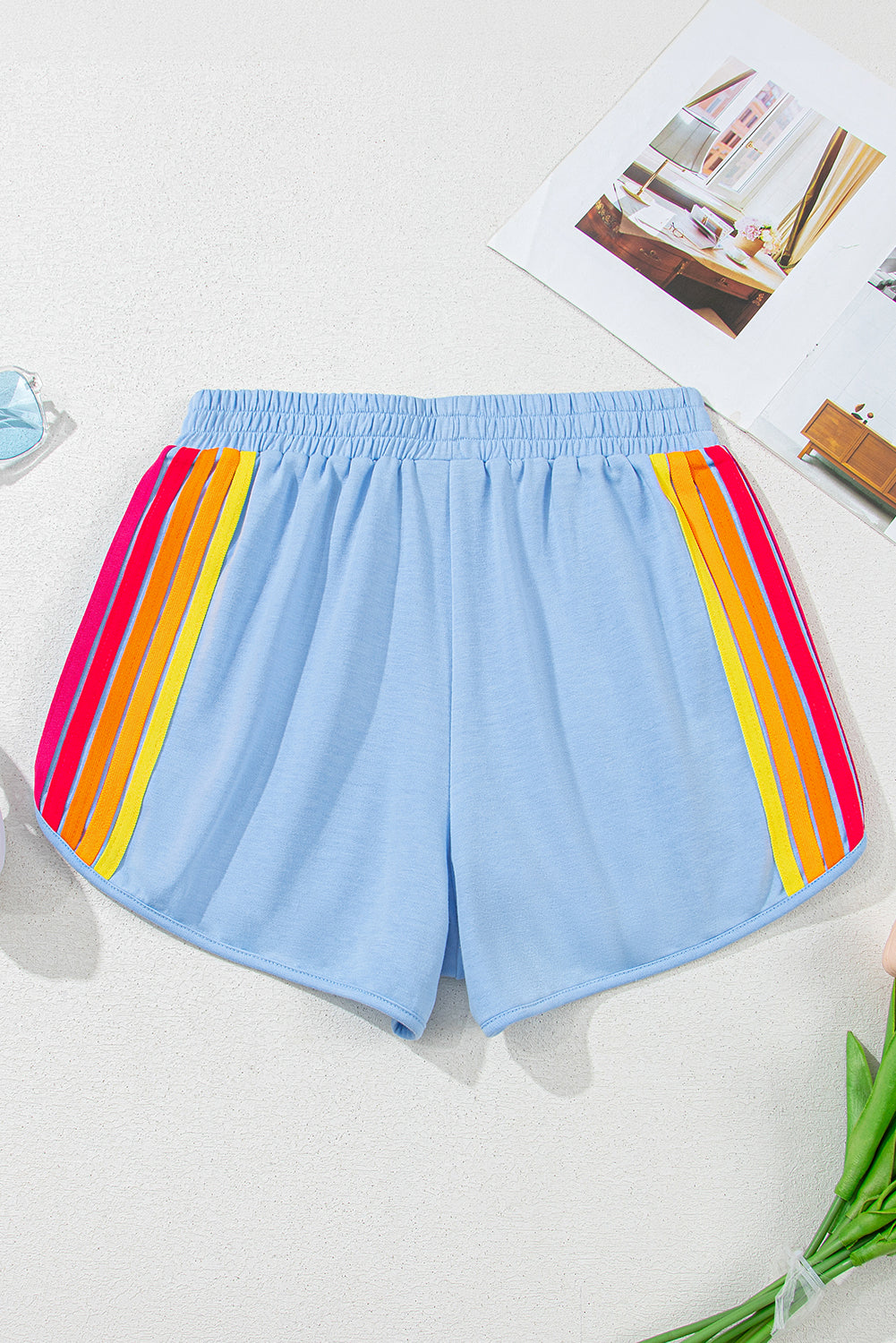 Cali Chic Beau Blue Color Block Stripes Elastic High Waist Active Shorts