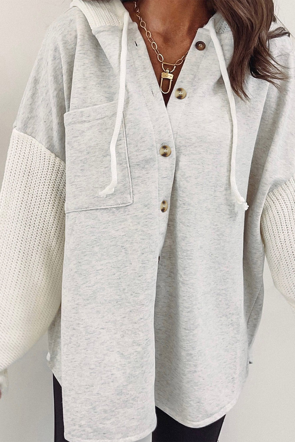 Cali Chic Gray Button Up Contrast Knitted Sleeves Hooded Jacket