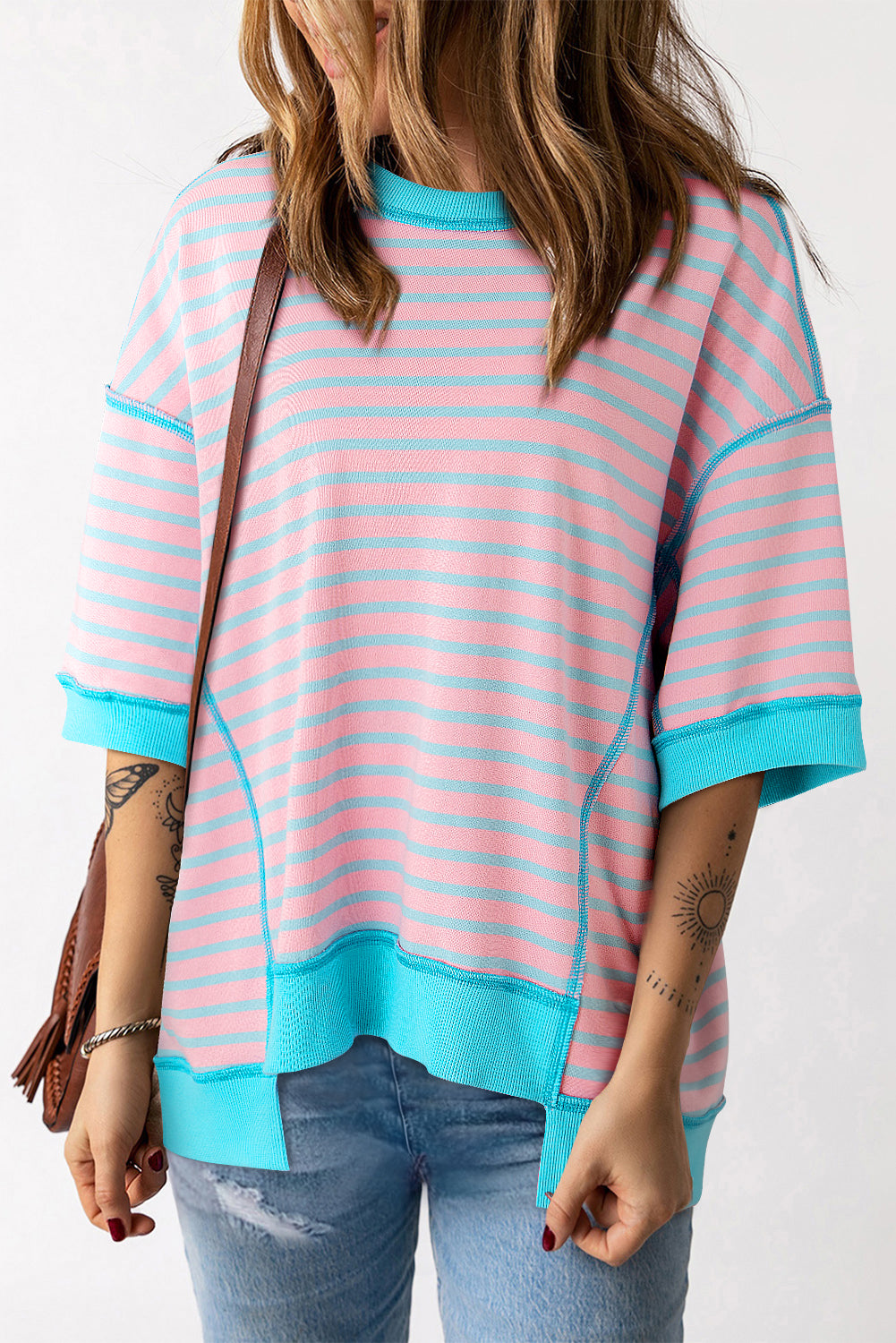 Cali Chic Women Top Pink Stripe Oversized Contrast Trim Exposed Seam High Low T Shirt