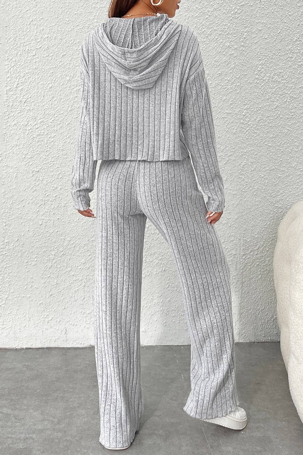 Gray Ribbed Knit Slouchy Hoodie Wide Leg Pants Set