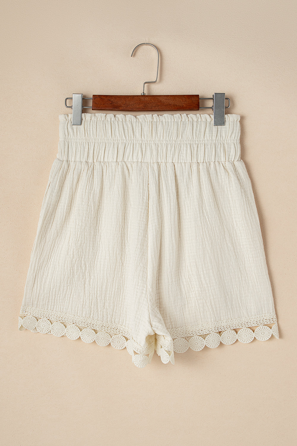 Cali Chic Apricot Textured Frilled Knotted High Waist Lace Hem Shorts