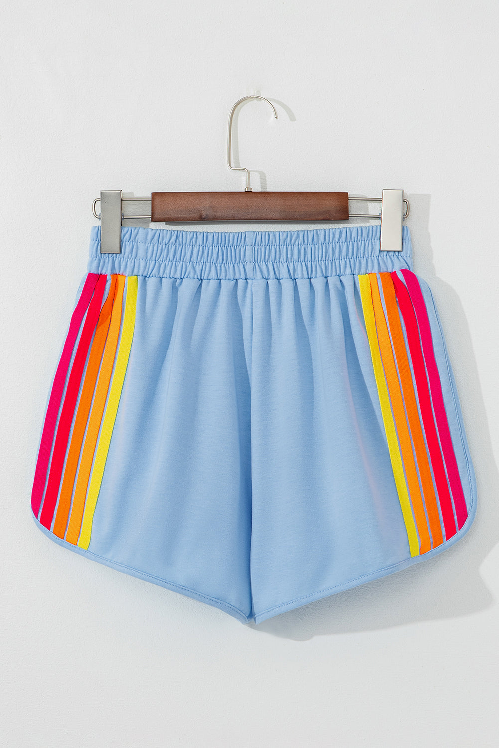 Cali Chic Beau Blue Color Block Stripes Elastic High Waist Active Shorts