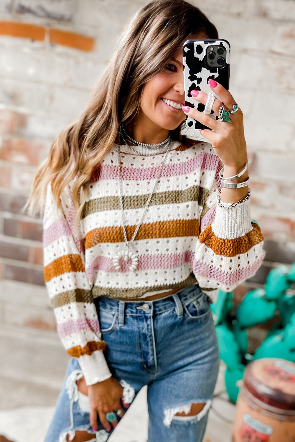 Cali Chic Multicolor Striped Hollowed Knitted Loose Sweater