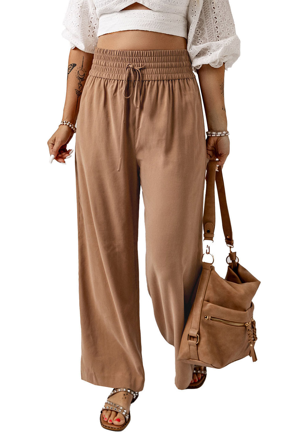 Cali Chic Women Wide Leg Pants Brown Drawstring Elastic Waist