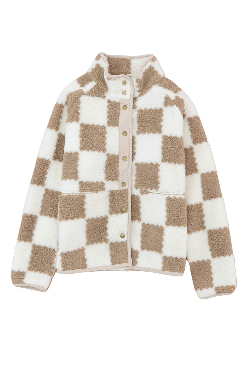 Cali Chic Brown Checked Snap Button Sherpa Jacket