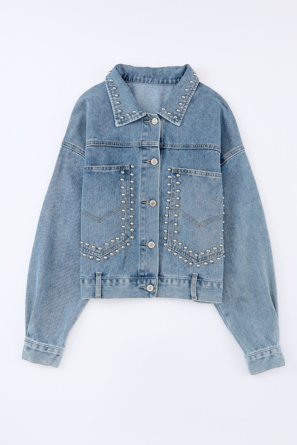 Cali Chic Sky Blue Rivet Studded Pocketed Denim Jacket