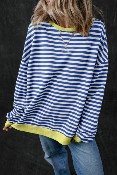 Cali Chic Women Sweatshirt Blue Stripe Oversized Contrast Trim Knit Round Neck Pullover