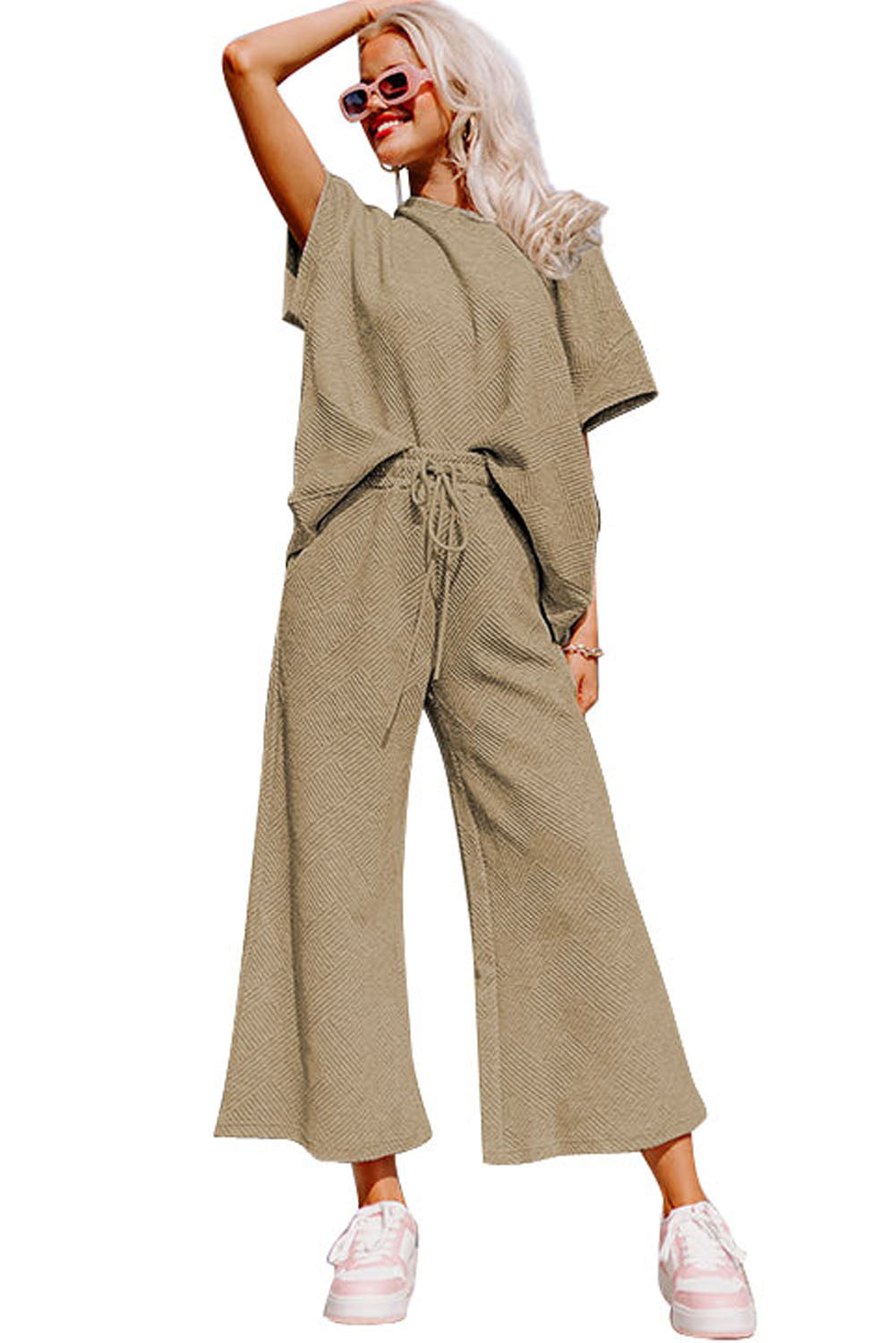 Cali Chic Apricot khaki Textured Loose Fit T Shirt and Drawstring Pants Set