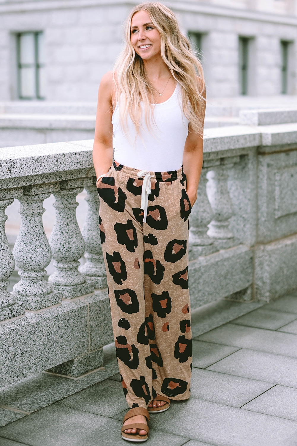 Cali Chic Women Wide Leg Pants Celebrity Leopard Drawstring