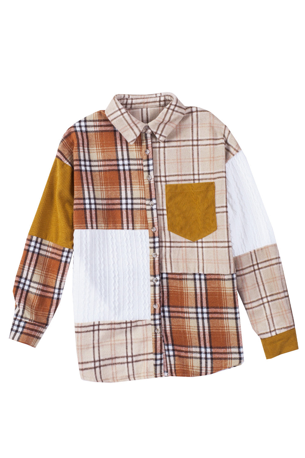 Cali Chic Orange Plaid Color Block Patchwork Shirt Jacket with Pocket