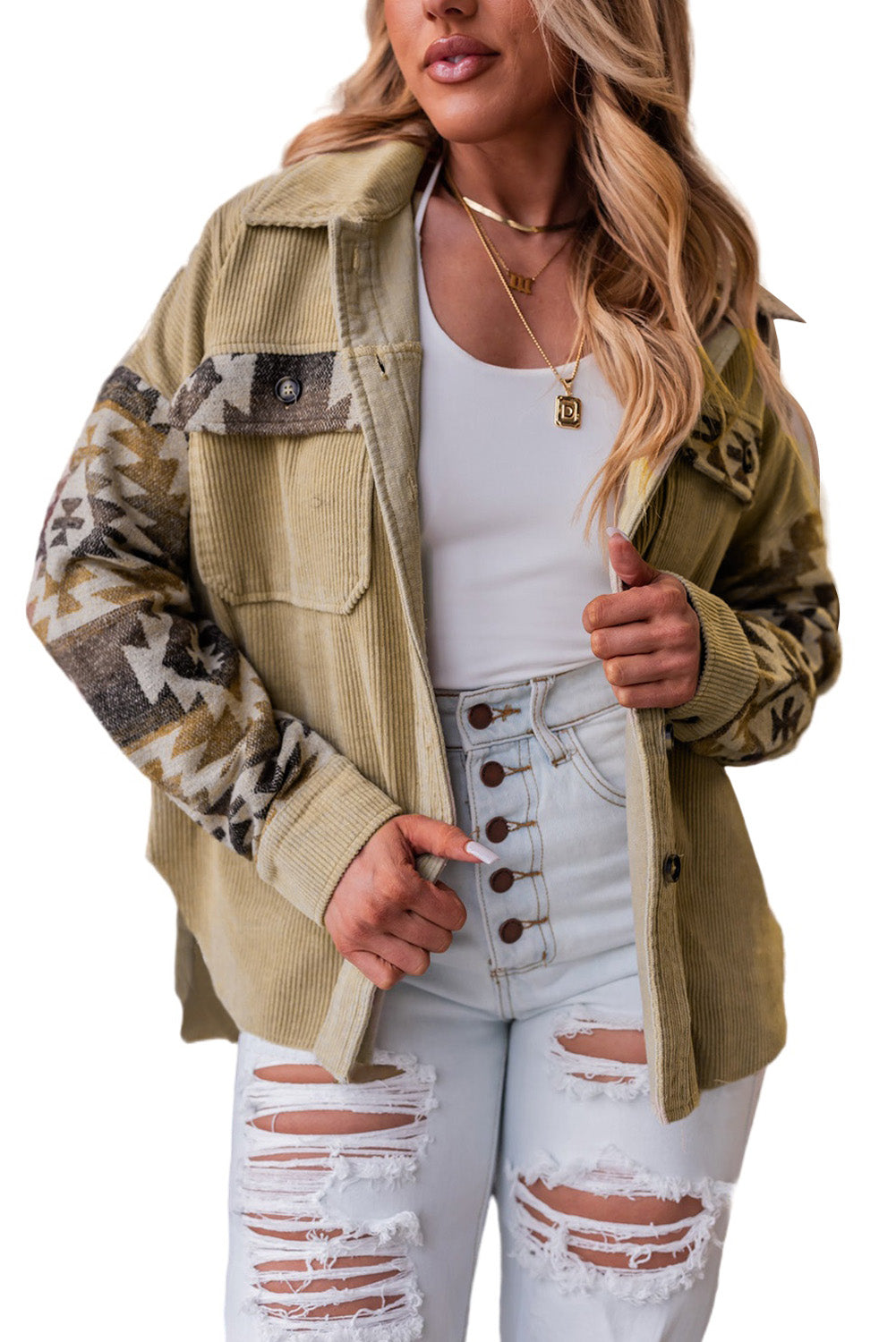 Khaki Aztec Print Patchwork Frayed Edge Corduroy Jacket