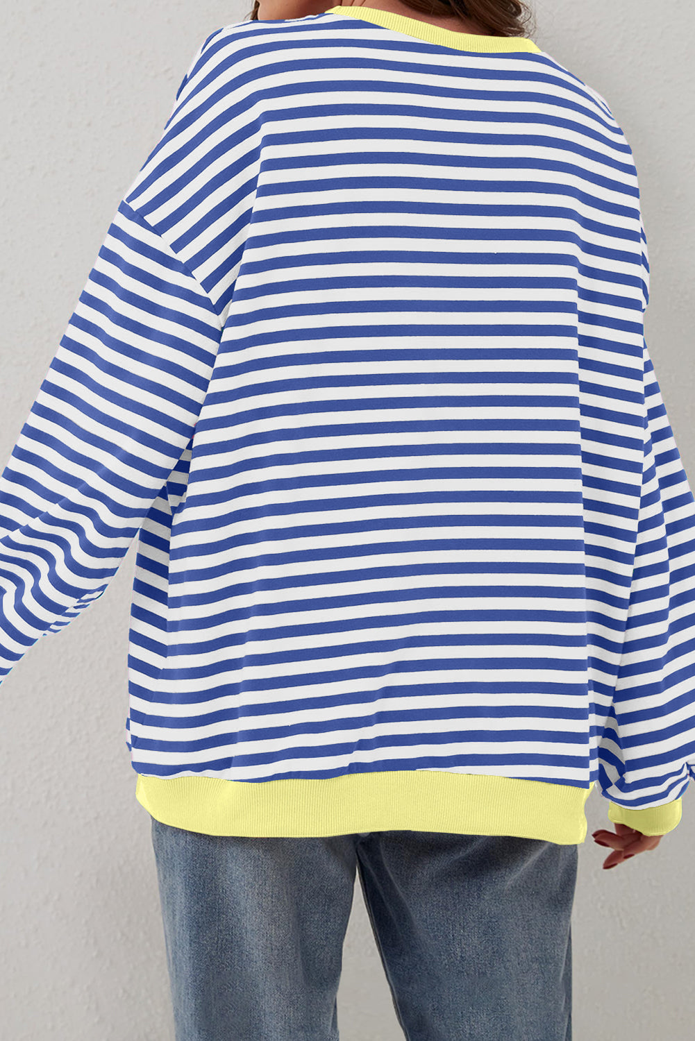 Cali Chic Women Sweatshirt Blue Stripe Oversized Contrast Trim Knit Round Neck Pullover