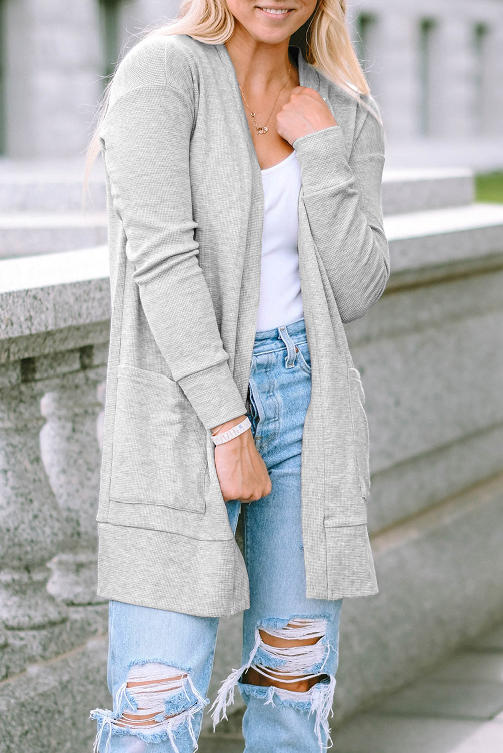 Cali Chic Women Cardigan Light Gray Thermal Waffle Knit Pocketed