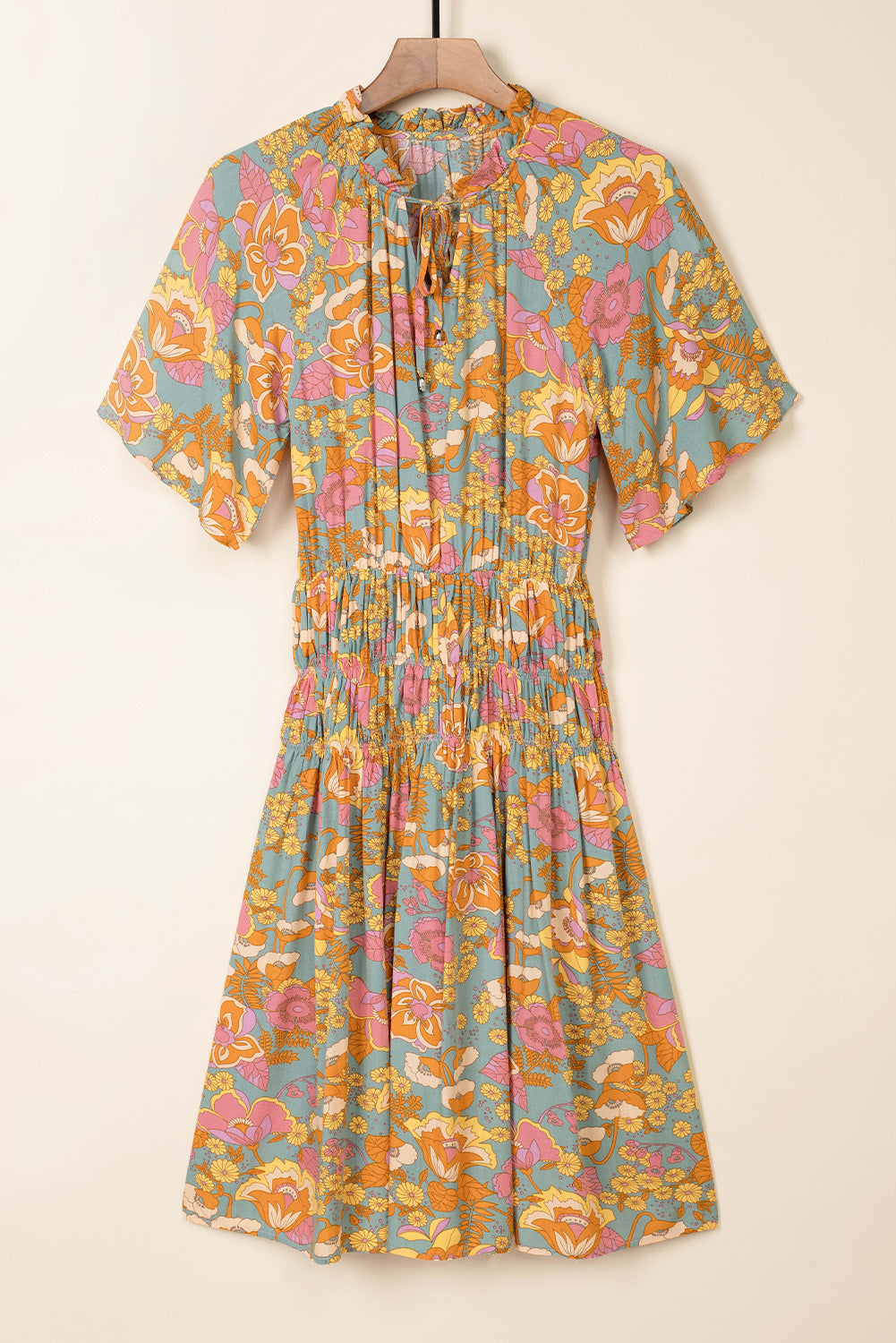 Cali Chic Boho Wide Sleeve Smocked Waist Floral Dress