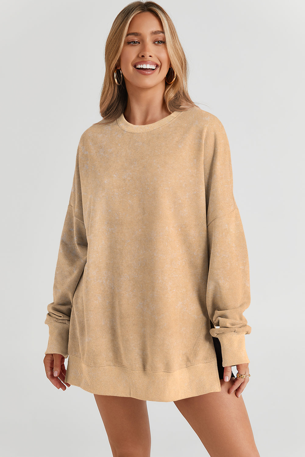 Cali Chic Khaki Drop Shoulder Ribbed Trim Oversized Sweatshirt