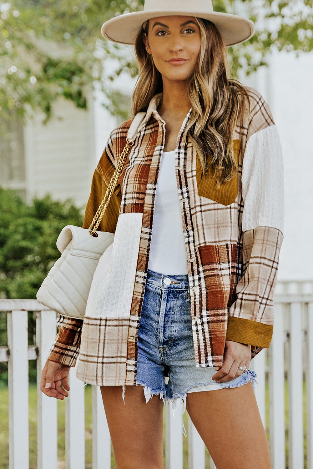 Cali Chic Orange Plaid Color Block Patchwork Shirt Jacket with Pocket