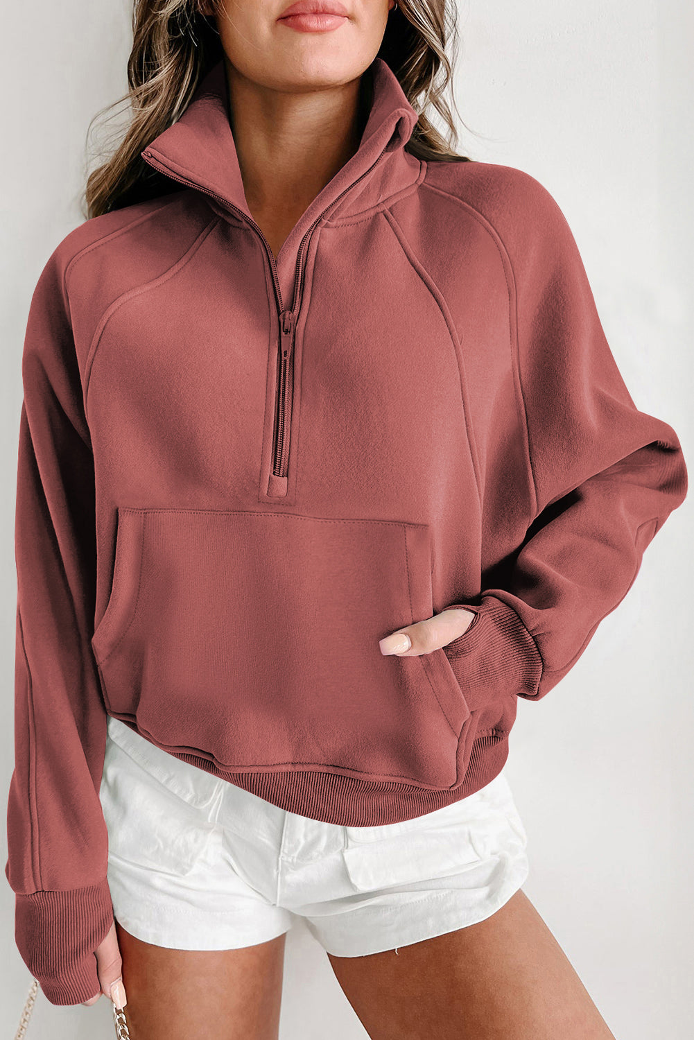 Cali Chic Brown Zip Up Stand Collar Ribbed Thumbhole Sleeve Sweatshirt