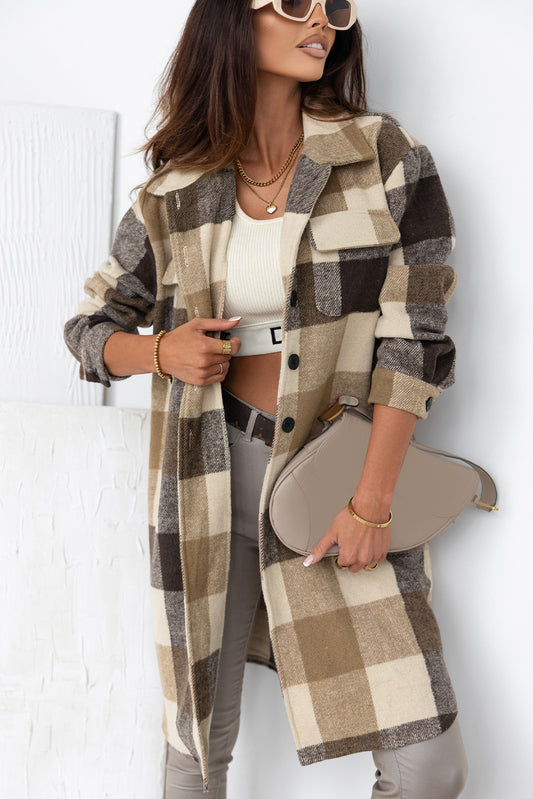 Cali Chic Khaki Plaid Button-Down Flap Pocket Long Shacket