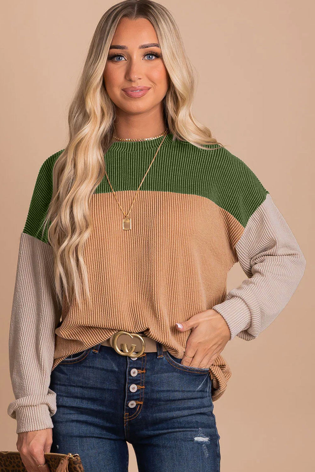 Cali Chic Women's Tops Green Color Block Celebrity Long Sleeve Ribbed Loose