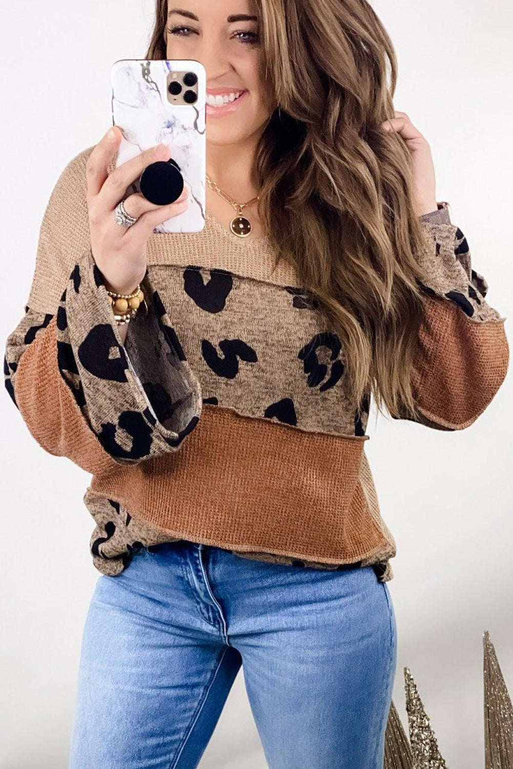 Leopard Colorblock Patchwork V-Neck Loose Sleeve Knit Top