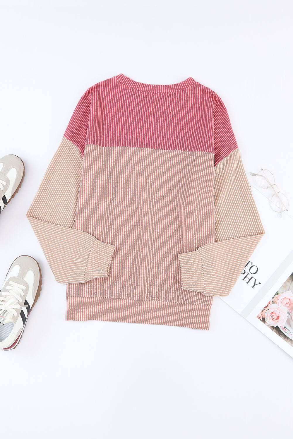 Pink Color Block Long Sleeve Ribbed Loose Top