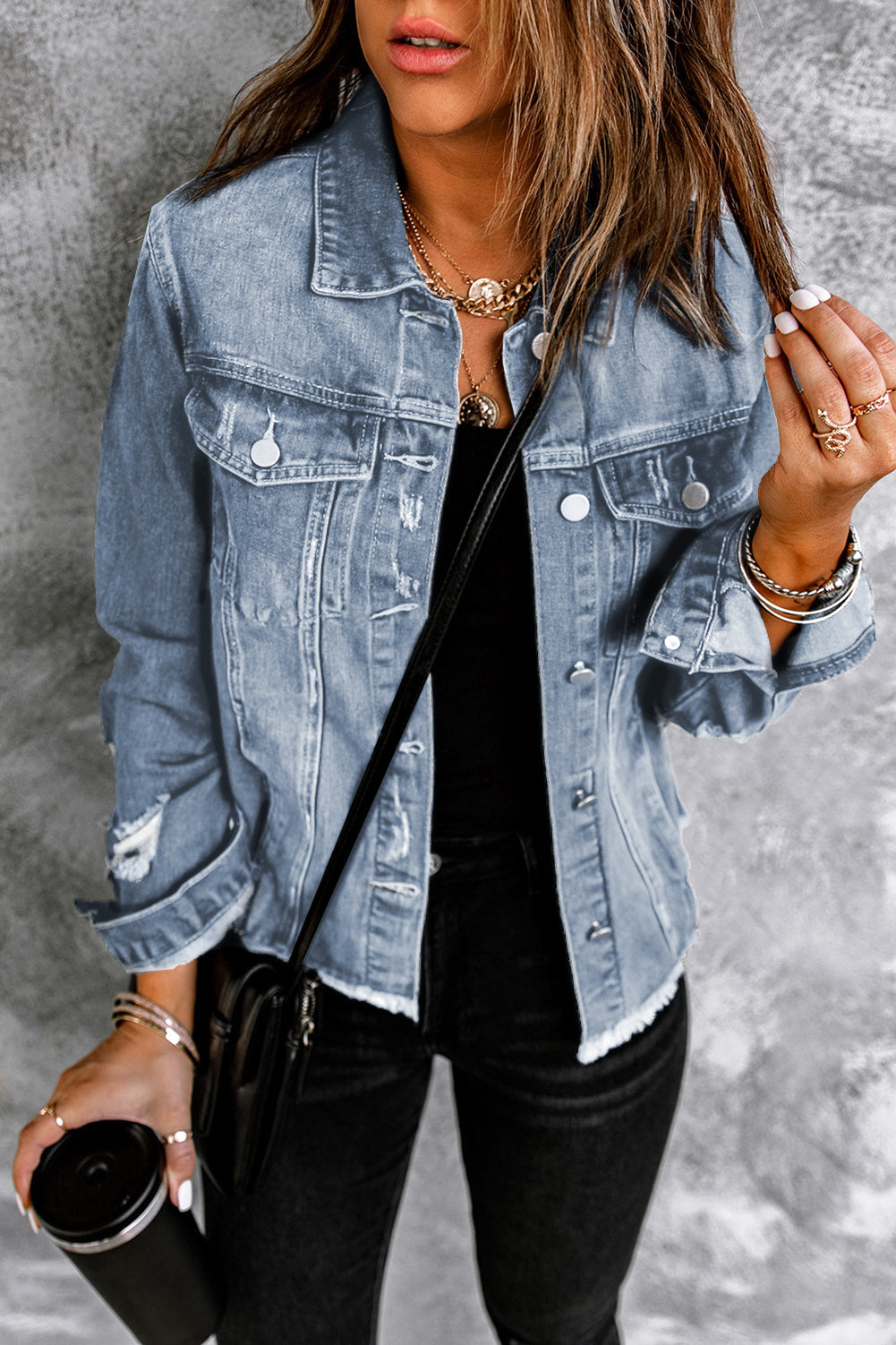 Cali Chic Sky Blue Lapel Distressed Raw Hem Buttons Denim Jacket