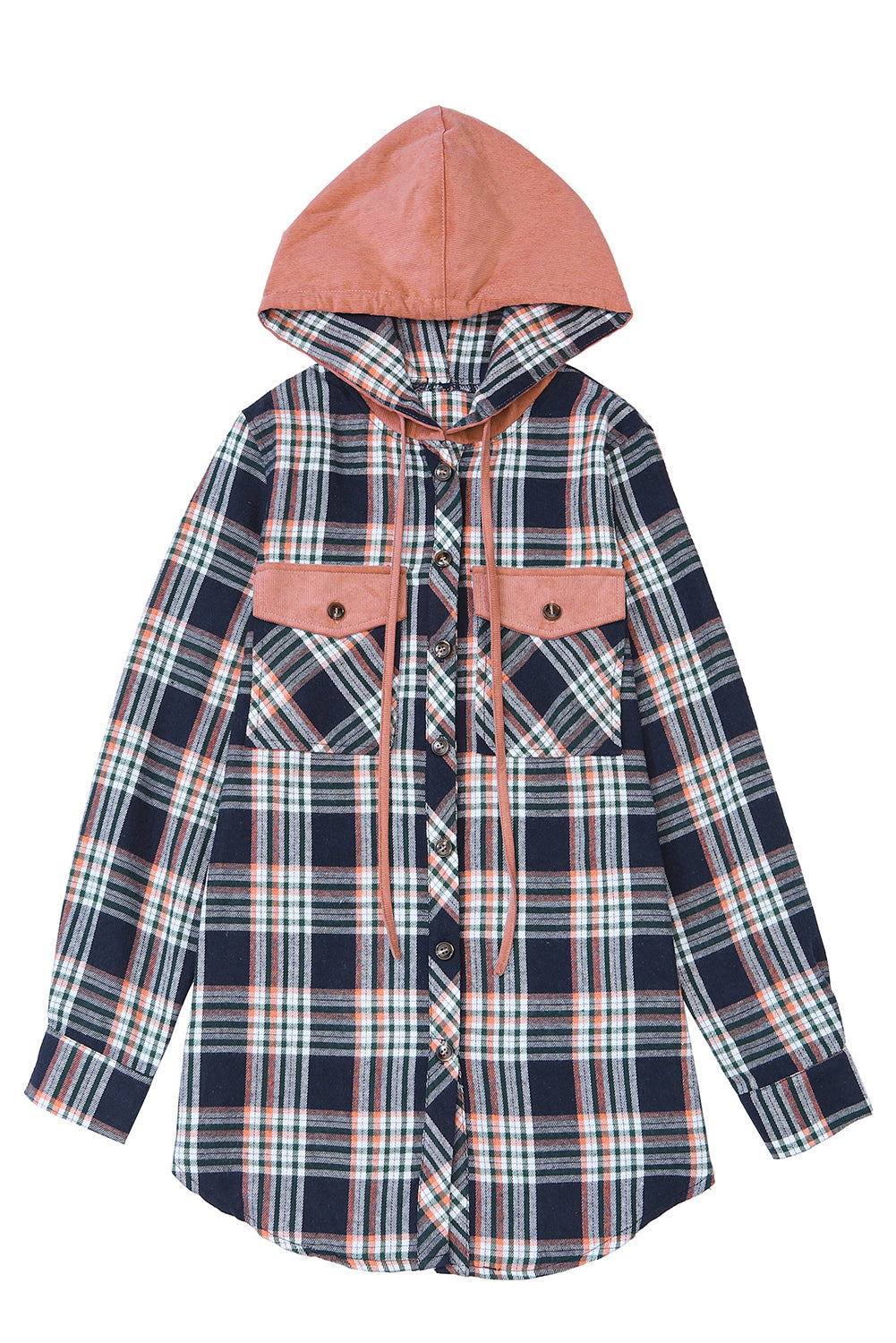 Cali Chic Women Pink Contrast Hooded Drawstring Plaid Shacket Jacket