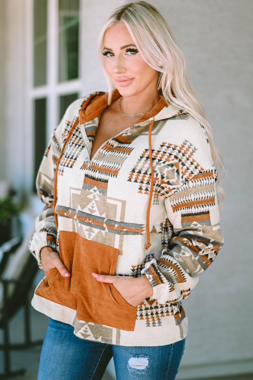 Cali Chic Beige Aztec Print Kangaroo Pocket Half-Zip Hoodie