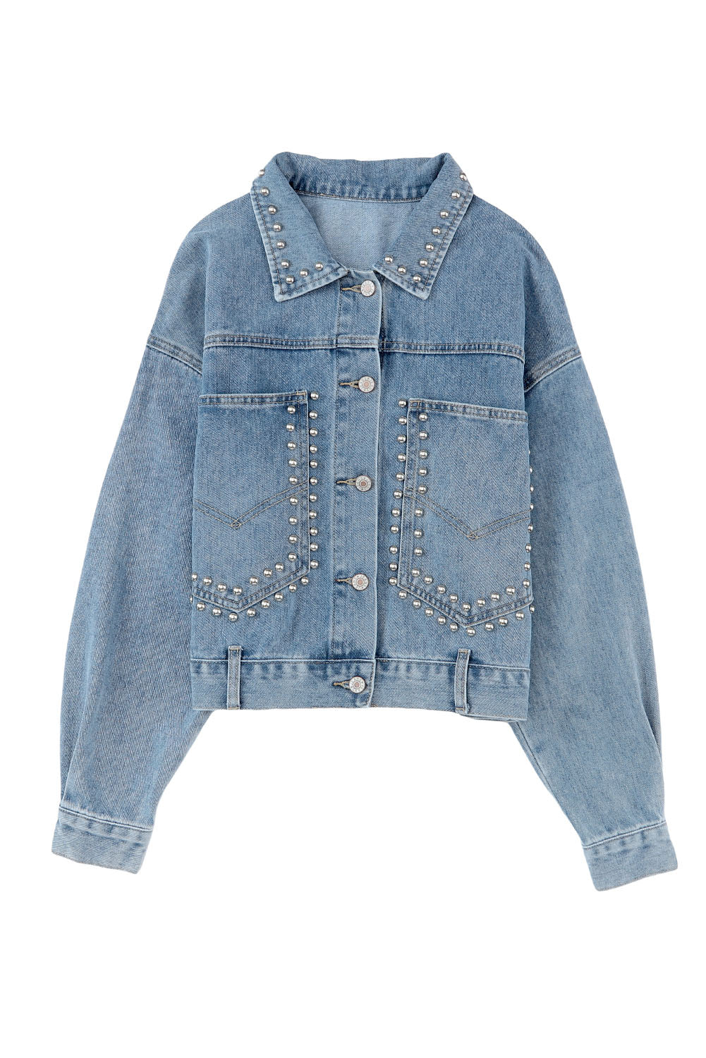 Cali Chic Sky Blue Rivet Studded Pocketed Denim Jacket