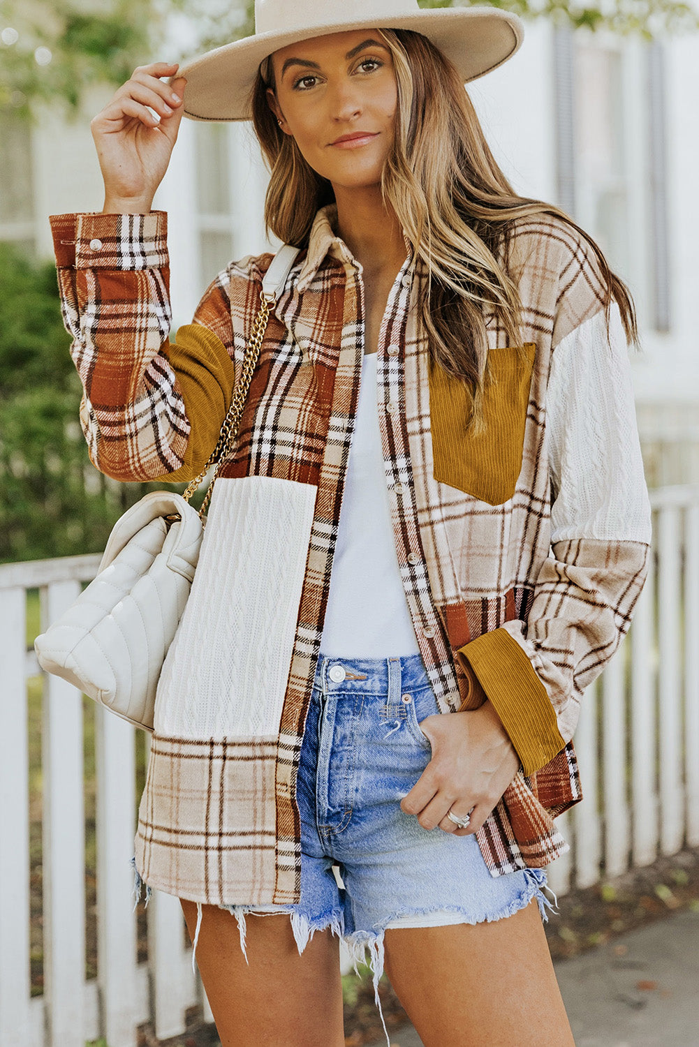 Cali Chic Orange Plaid Color Block Patchwork Shirt Jacket with Pocket