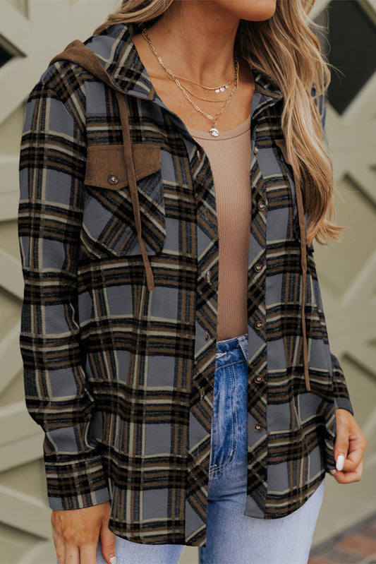 Contrast Hooded Drawstring Plaid Shacket