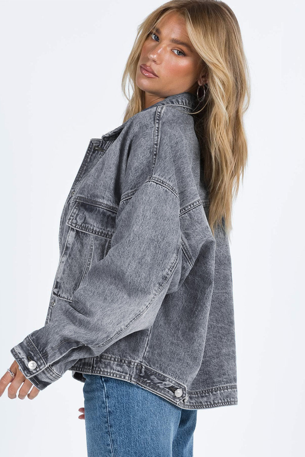 Gray Chest Pockets Drop Shoulder Loose Denim Jacket